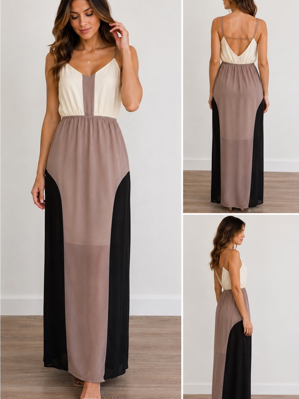 Ya Los Angeles Silk Colorblock Strappy Maxi Dress Black Taupe Ivory Medium